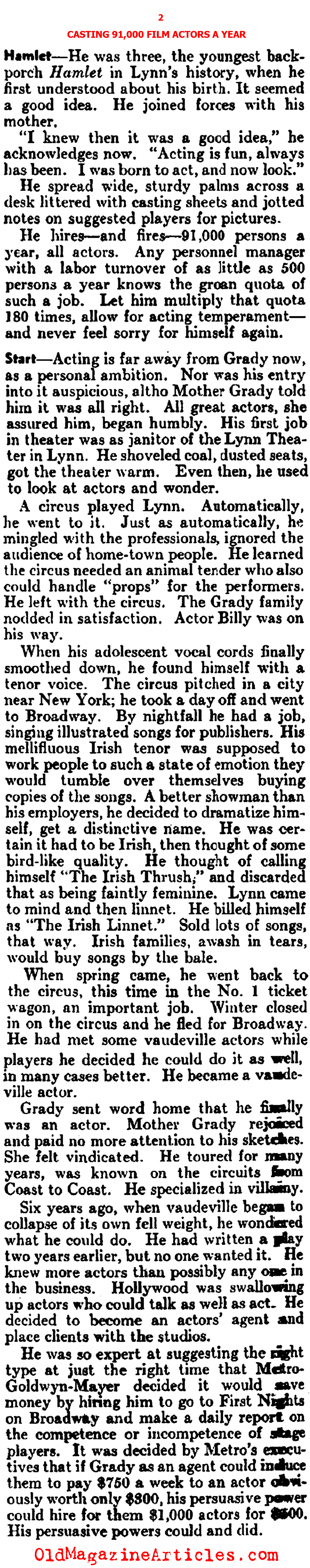 M.G.M. Casting Director Billy Grady Tells All (Literary Digest, 1936)